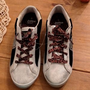 Mismatched Gold/Black/Silver Justice Sport Tennis Shoes w/Leopard Ties L5/R6